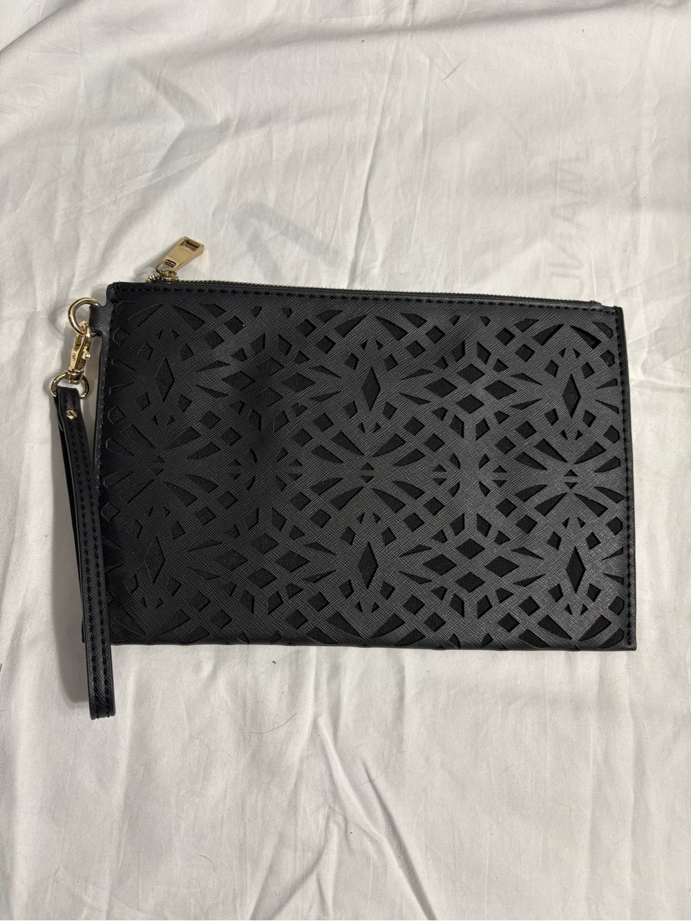 Aldo Black Laser-Cut Wristlet Clutch with Gold Hardware